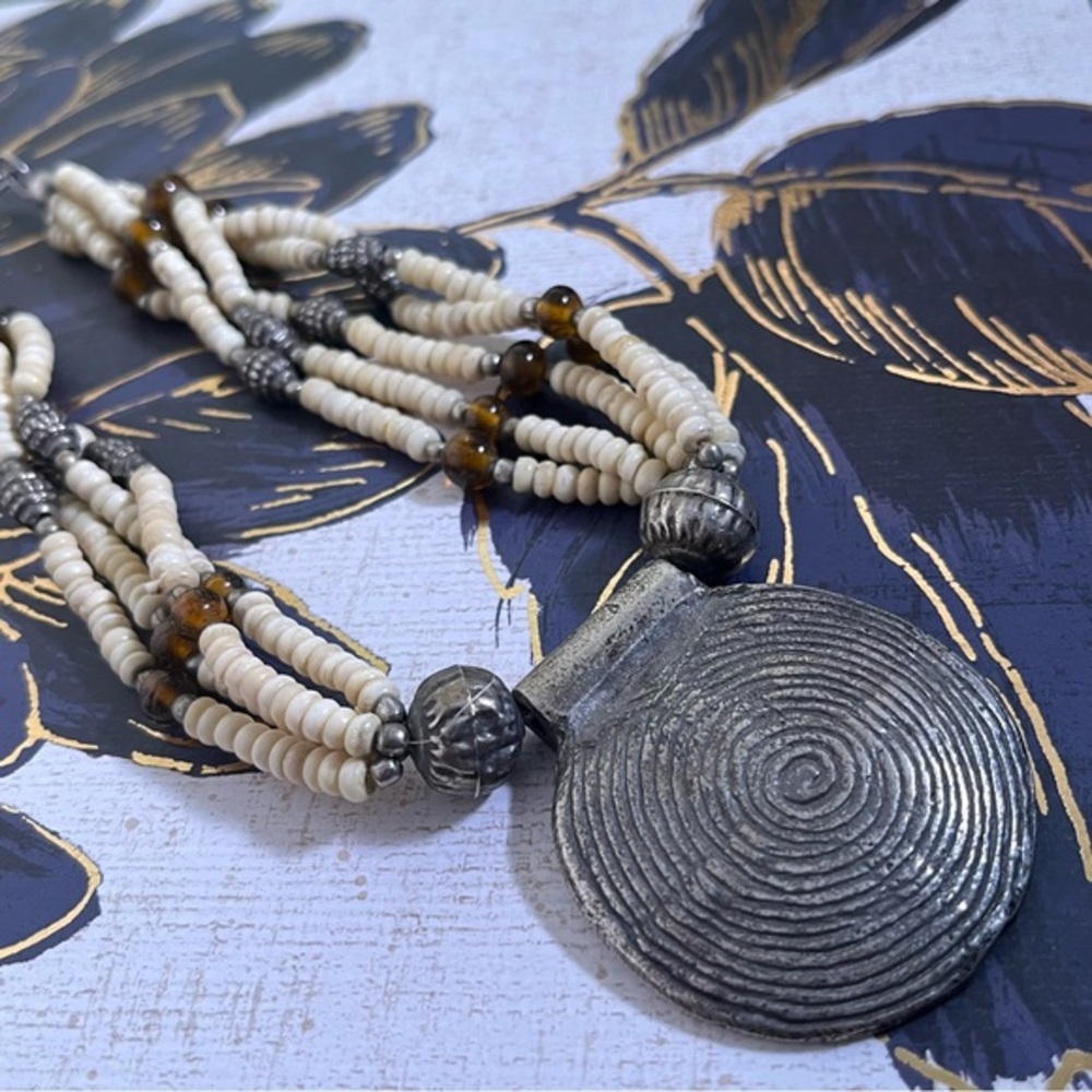 Vintage heavy Silver and Cream Beaded Necklace